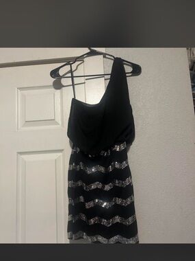 Vintage y2k Ruby Rox One-Shoulder Black Dress with Silver Sequin Chevron Stripes
